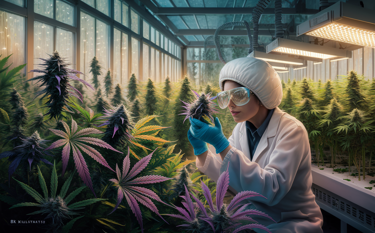 A scientist examining colorful cannabis plants in a modern research greenhouse, surrounded by rows of marijuana plants under grow lights.