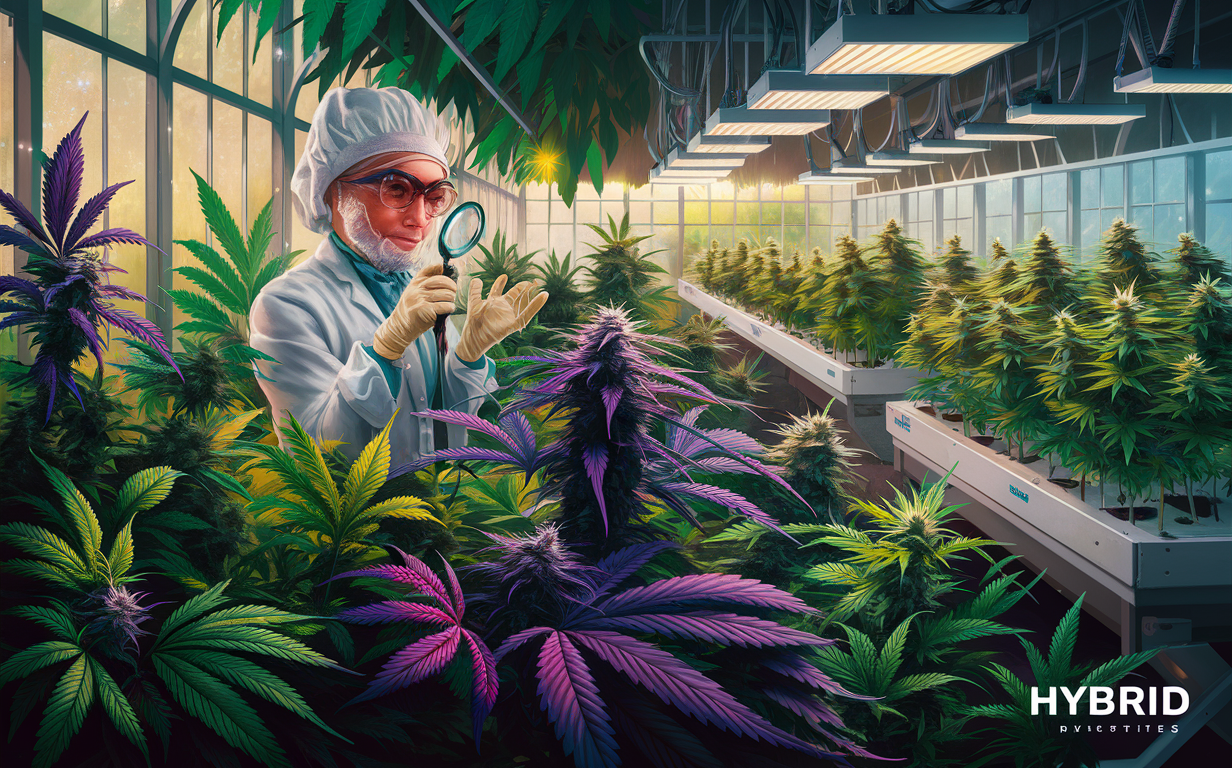 An artistic depiction of cannabis plants with molecular structures and human figures, suggesting the medicinal and scientific exploration of cannabis compounds for potential therapeutic applications.