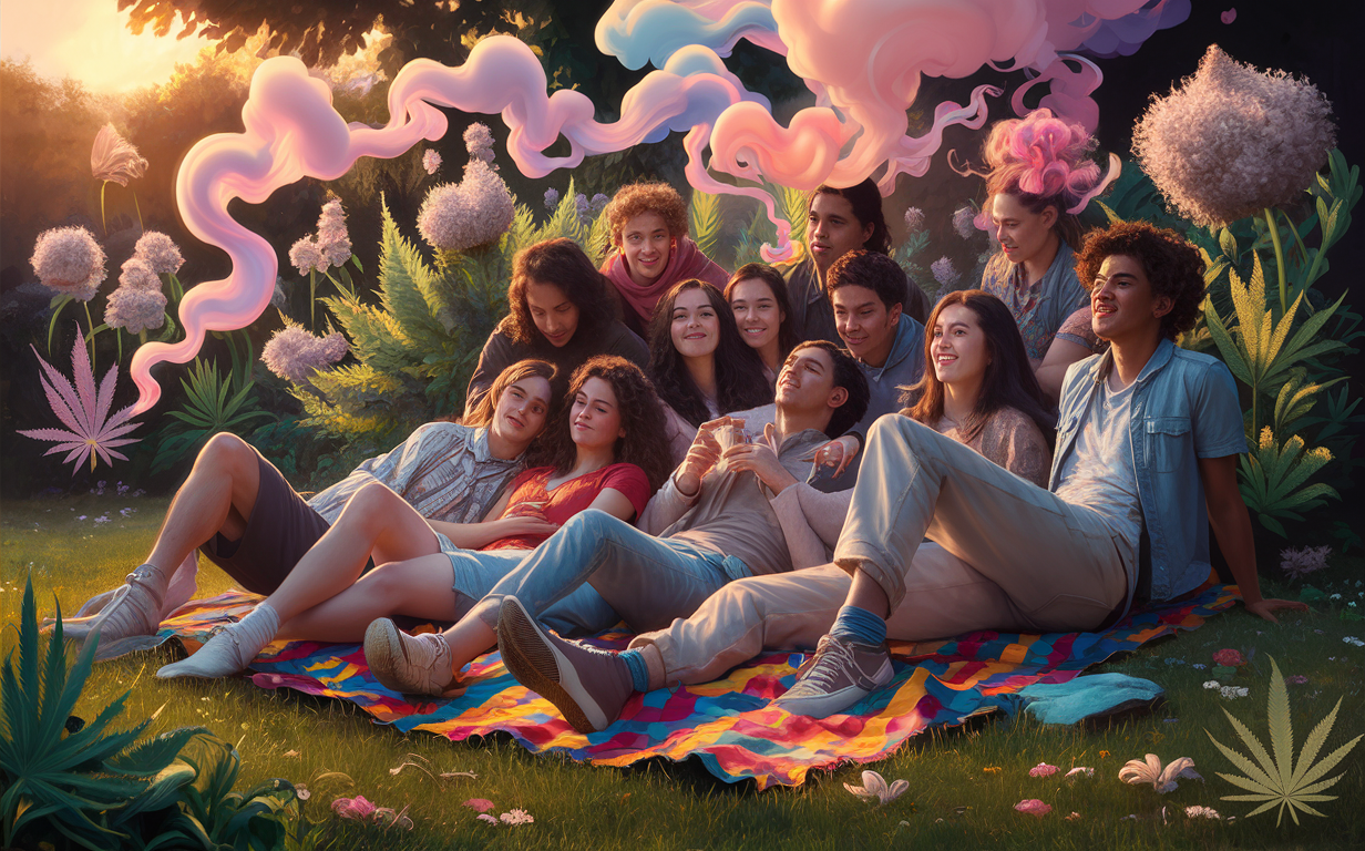 An illustration depicting a group of friends sitting together in a lush, forested park setting while engaged with what appears to be recreational cannabis use, conveying a theme of leisure and enjoying the outdoors.