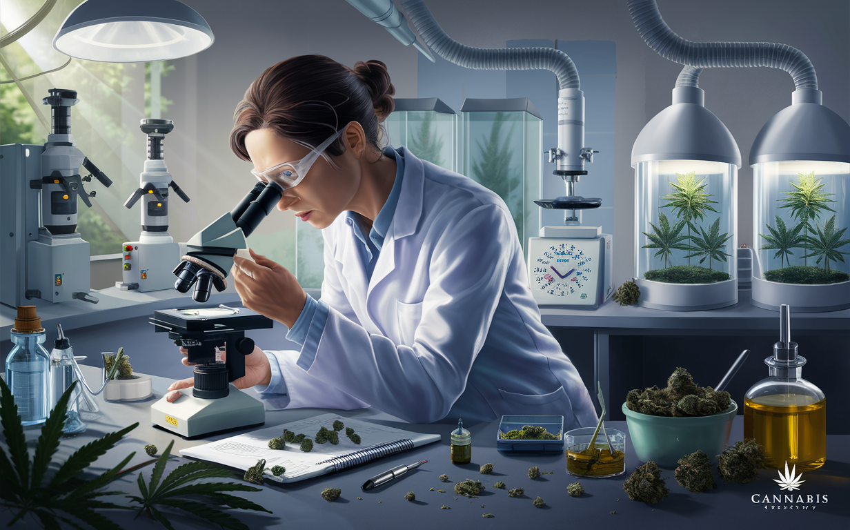 A scientist examines cannabis plants and products in a laboratory setting, conducting analysis and research to ensure product quality.