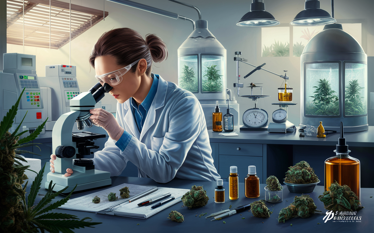 A scientist examining cannabis samples in a laboratory setting, with microscopes, scientific equipment, and cannabis products on the table.