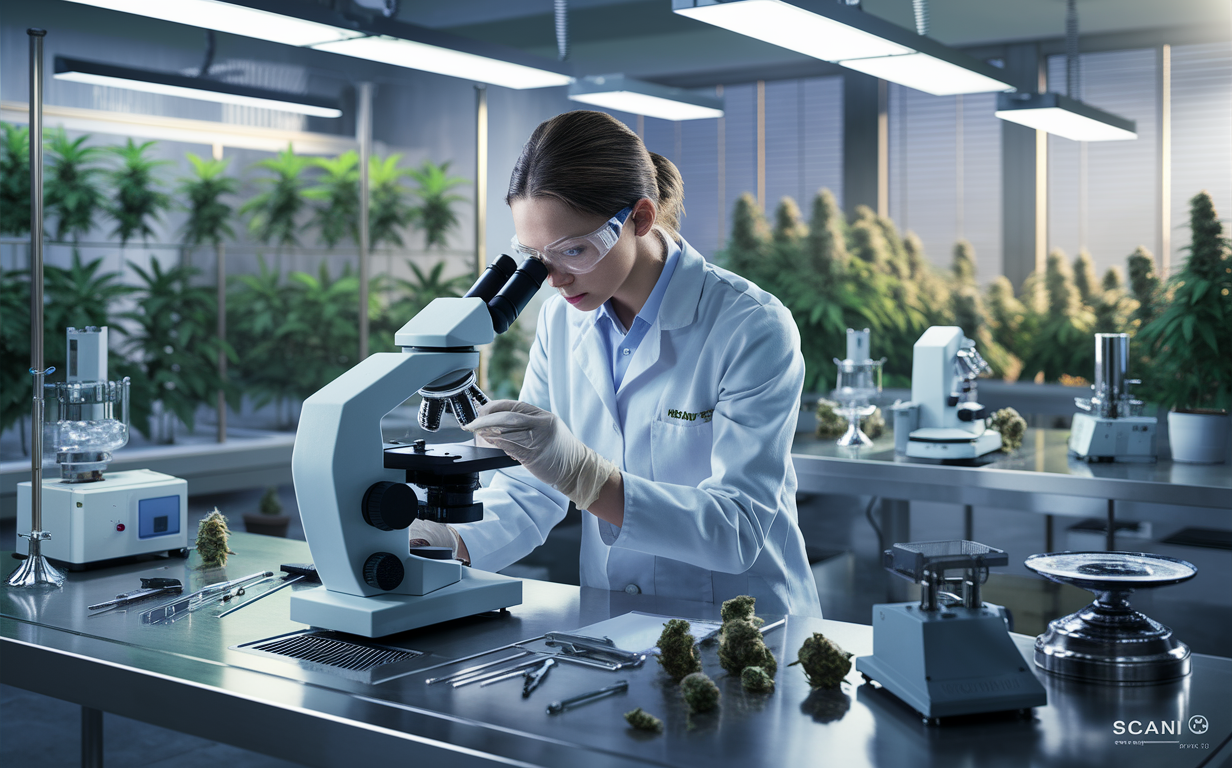 A scientist examines cannabis samples under a microscope in a laboratory setting, ensuring quality control and analysis of marijuana products.