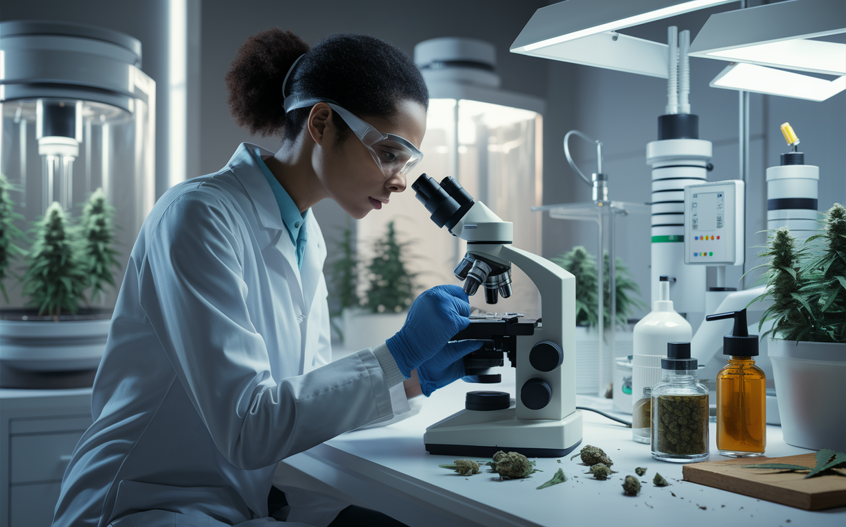 A scientist examining cannabis plants and extracts in a laboratory setting with scientific equipment and grow chambers