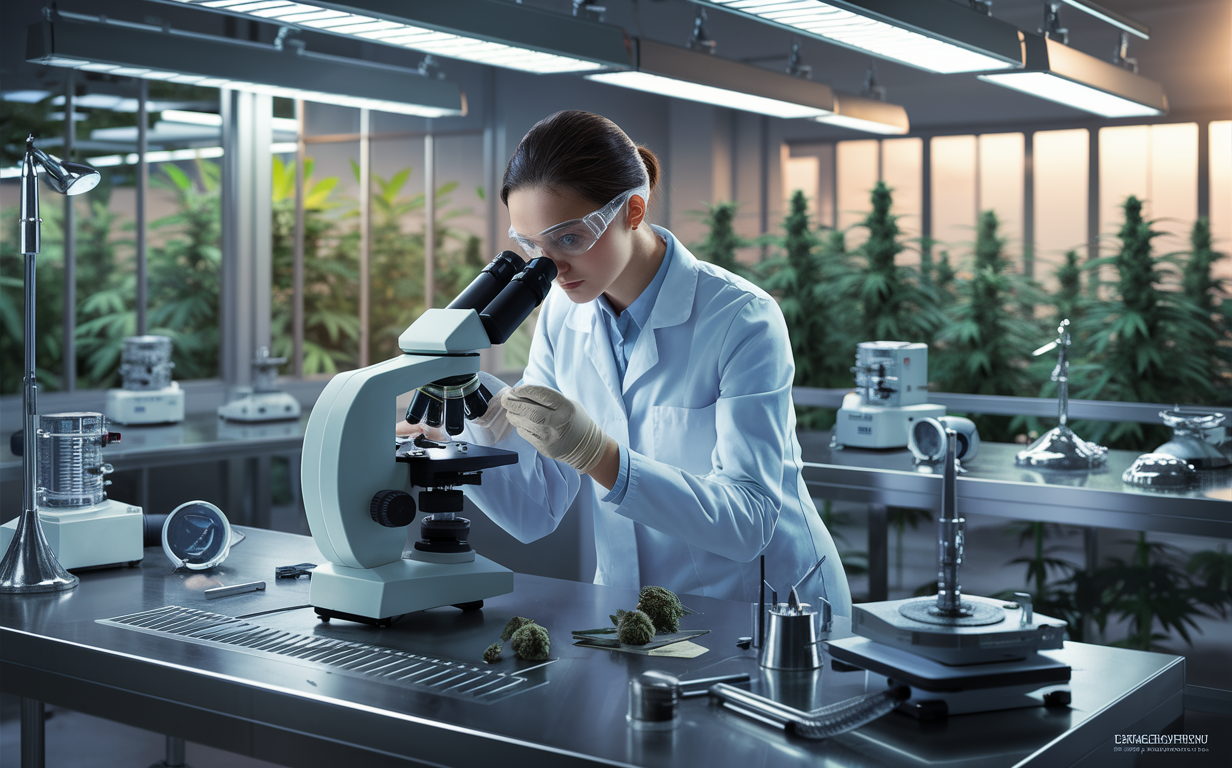 Scientists examining cannabis plants and products in a research laboratory setting