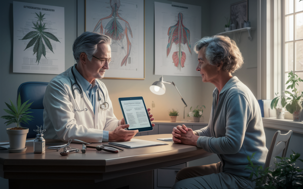 A doctor in a white coat discusses medical cannabis use with a patient, surrounded by anatomical charts and cannabis plant illustrations in the office