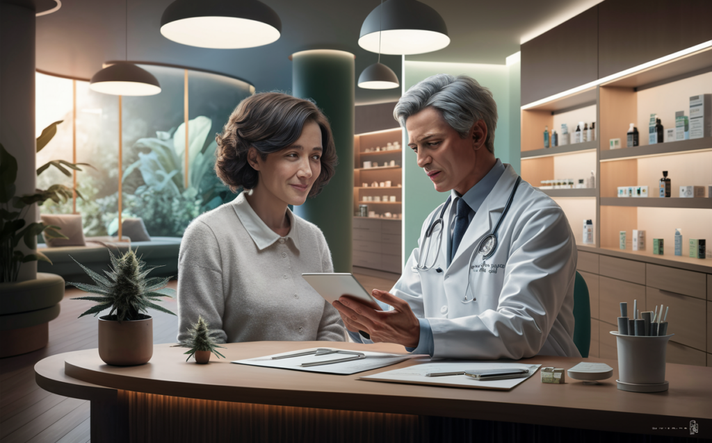 A doctor in a white coat and stethoscope consulting with a patient about medical cannabis, with cannabis plants and product displays visible in the modern clinic setting.