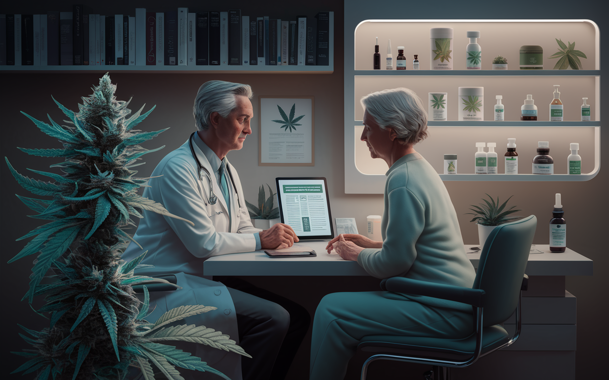 A doctor consulting with a patient about medical cannabis products in a clinic setting with cannabis plants and products displayed