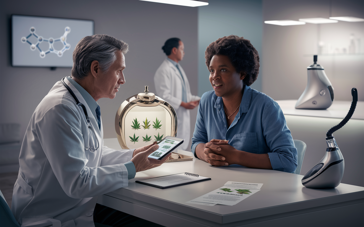 A doctor consulting with a patient about medical cannabis treatment options, with informational materials and a cannabis plant model on the table.