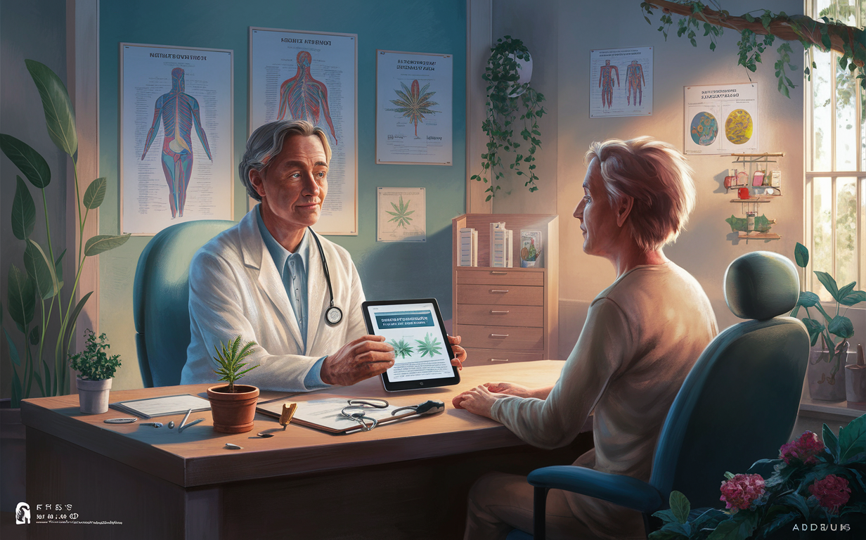 An older doctor in a white coat showing a tablet with information to an elderly patient, with cannabis plant illustrations and human anatomy posters in the background of the doctor's office, suggesting a consultation about medical marijuana use.