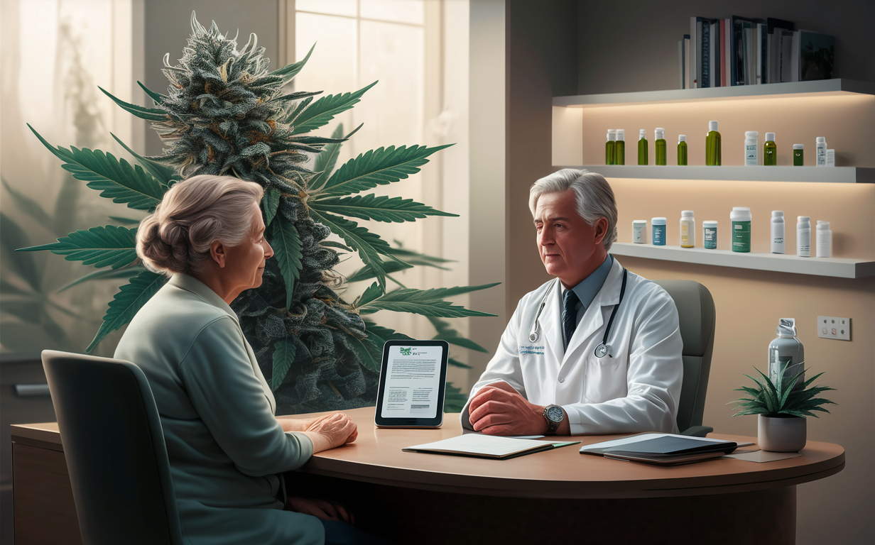 An elderly patient consulting with a doctor about medical cannabis, with a large cannabis plant in the background and cannabis products displayed on shelves, illustrating a new perspective on medical cannabis use.