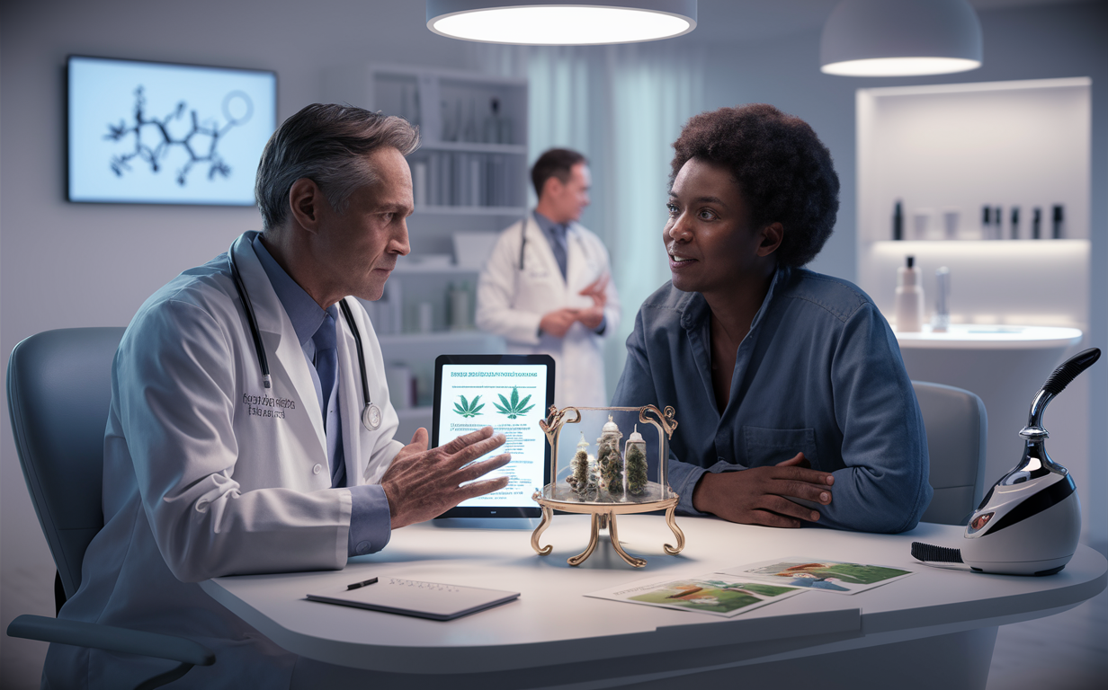 An image depicting a medical professional consulting with a patient about cannabis-based treatment options in a clinical setting with informational displays on cannabinoids and different cannabis product varieties.