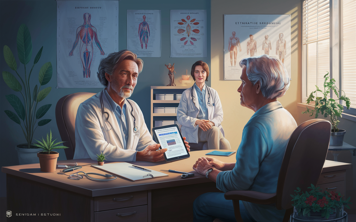 A doctor discussing medical cannabis with a patient, showing information on a tablet while another doctor observes, surrounded by anatomical diagrams in an office setting