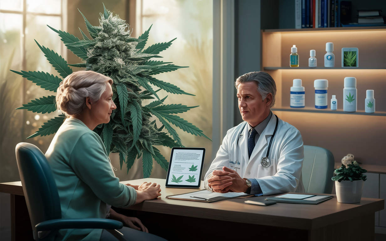 A doctor consulting with a patient about medical cannabis treatment options, surrounded by cannabis products and anatomical diagrams in a professional clinical setting.