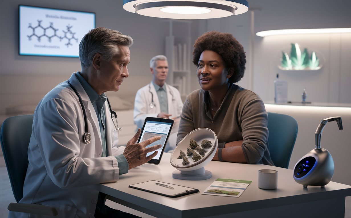 Doctors discussing medical cannabis with a patient, showing sample products and using digital devices to provide information