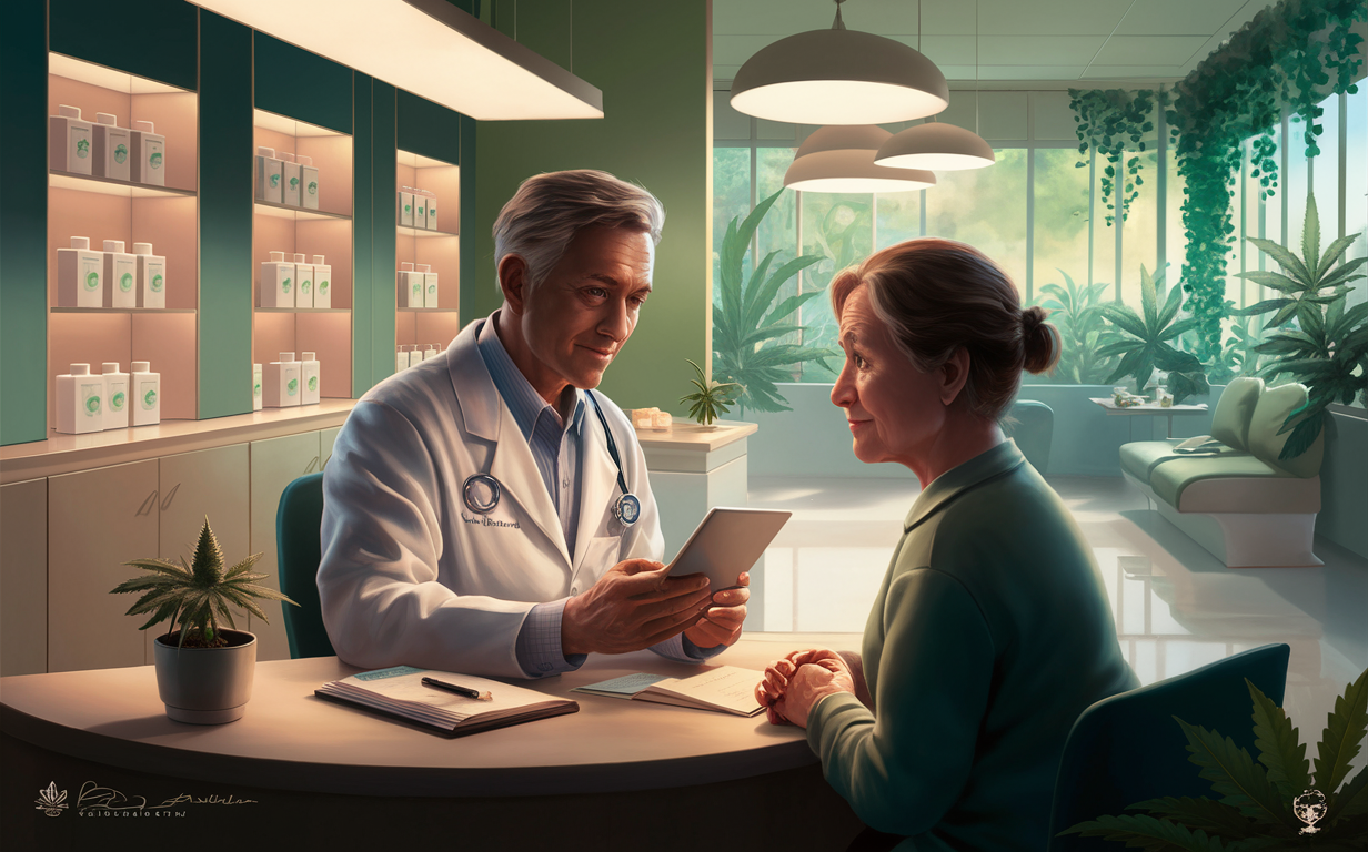 A doctor consulting with a patient about medical cannabis use in a modern clinic setting with cannabis plant displays