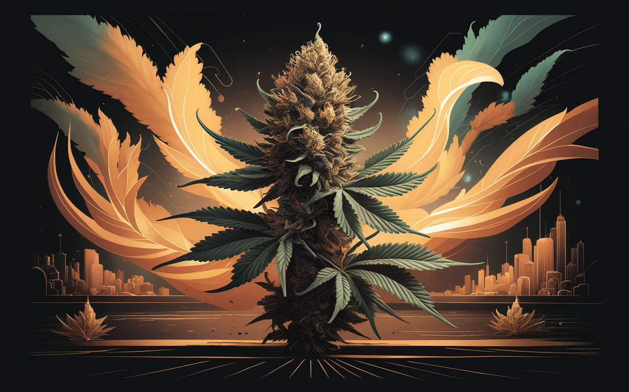 A majestic cannabis plant with feather-like leaves spreads its wings against a night skyline of a city, symbolizing the growing acceptance and legalization of cannabis in urban areas.