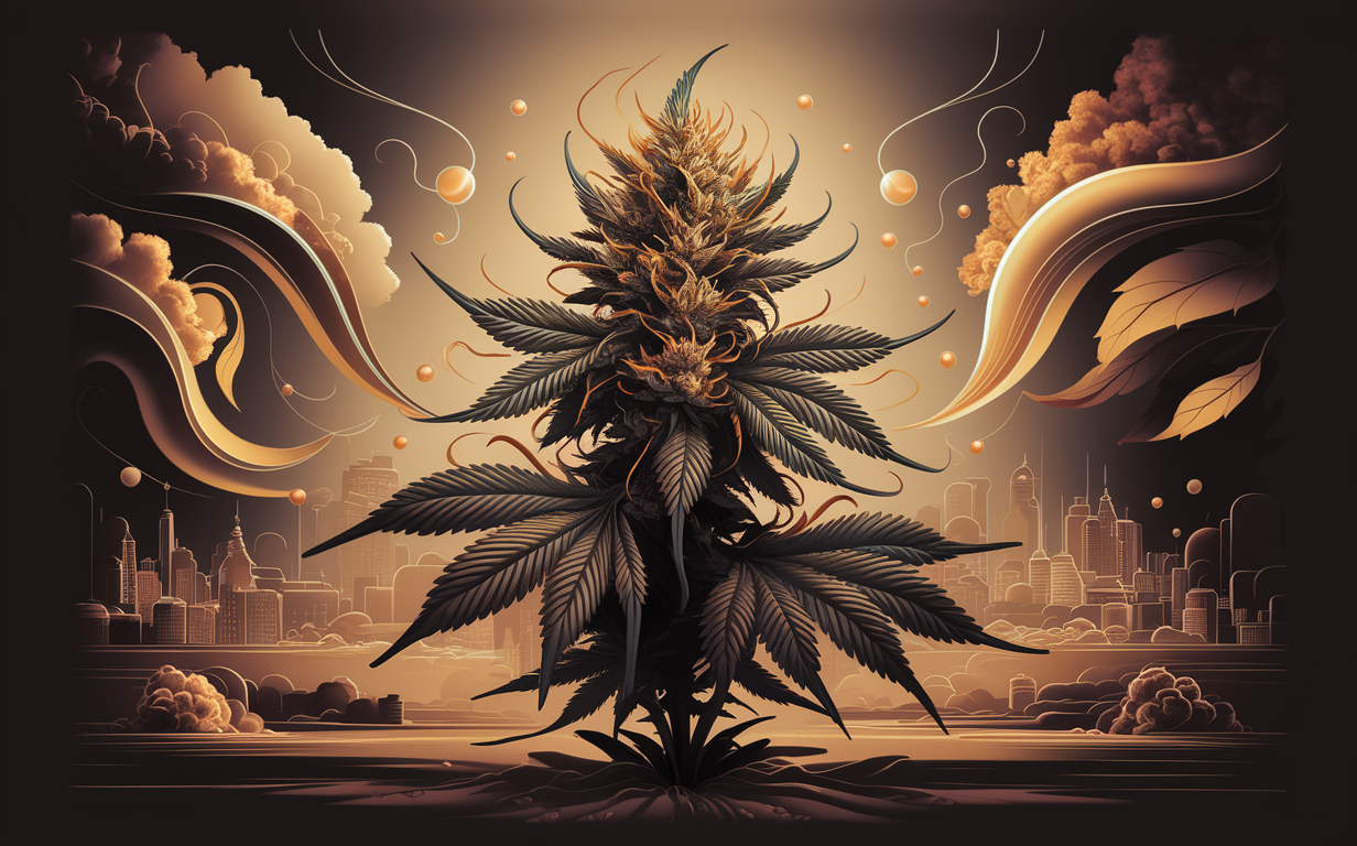 An artistic rendering of a massive sativa cannabis plant with flowing tendrils dominating a futuristic city skyline under a night sky with moons