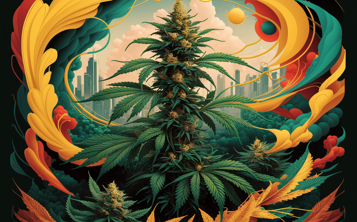 A vibrant illustration depicting a towering cannabis plant flourishing amidst swirling patterns of colors and a cityscape backdrop, symbolizing the integration of nature and urban life.