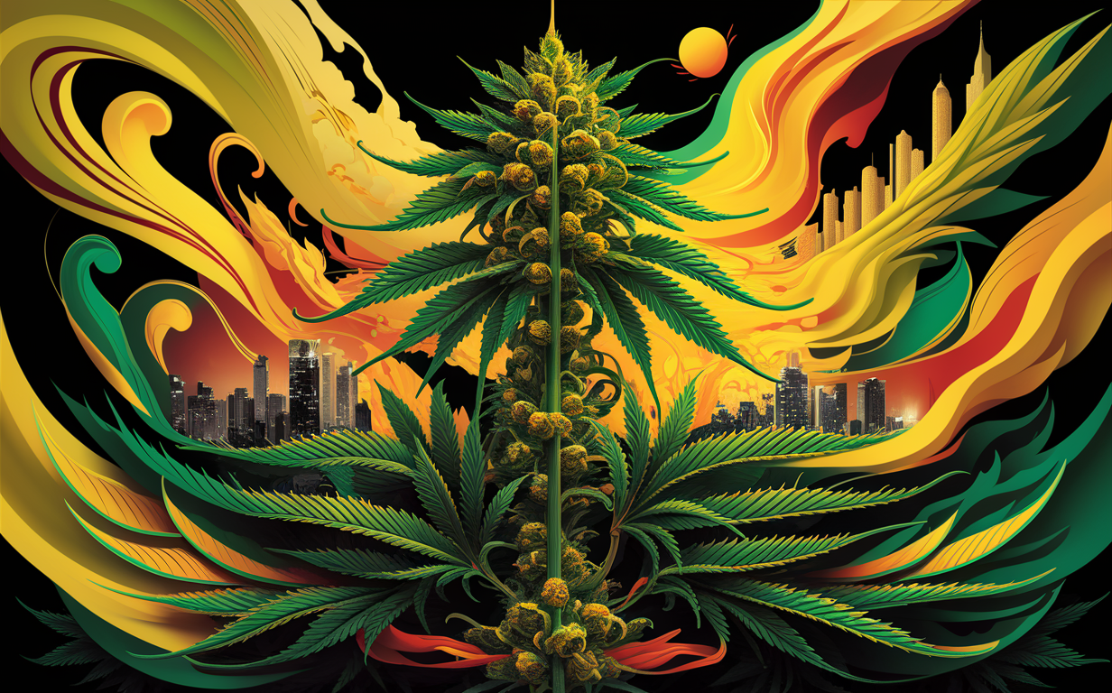 A surreal artistic depiction of a towering cannabis plant with vibrant, swirling patterns surrounding it against the backdrop of a city skyline, representing the fusion of the natural and urban worlds and the mind-expanding potential of sativa cannabis strains.